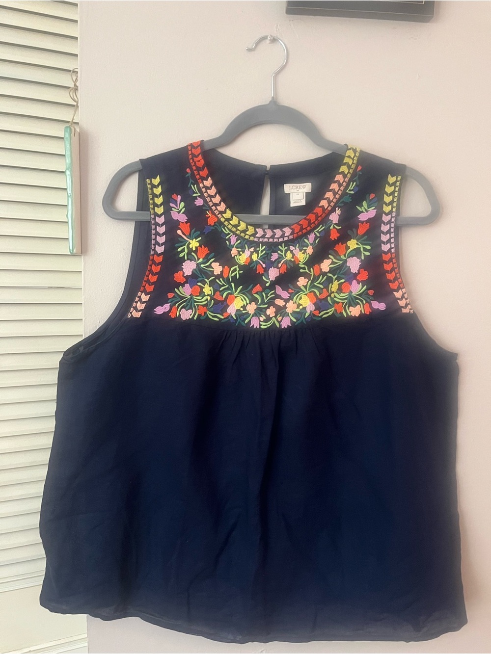 Embroidered j crew Sleeveless Navy Tank Top with Multicolor Floral Yoke size 14